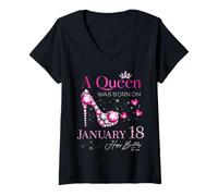 Femme A Queen Was Born on Janvier 18, 18th Janvier Birthday T-Shirt avec Col en V