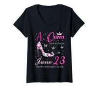 Femme A Queen Was Born on June 23, 23rd Juin Birthday T-Shirt avec Col en V