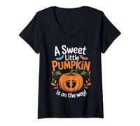 Femme A Sweet Little Pumpkin On The Way Halloween Pregnancy Gender T-Shirt avec Col en V