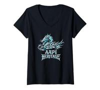 Femme AAPI Heritage Month Dragon Cyber Goth Fil barbelé néo-Tribal T-Shirt avec Col en V