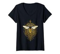 Femme Abeille Géométrie Sacrée Fleur De Vie Nature Spirituelle T-Shirt avec Col en V