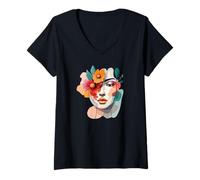 Femme Abstrait coloré Femme Art Visage T-Shirt avec Col en V