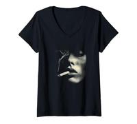 Femme Abstrait Fumeur Visage Côté Profil Minimaliste T-Shirt avec Col en V