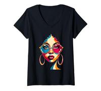 Femme Abstrait Pop Art Portrait Bold Graphique Visage Illustration T-Shirt avec Col en V