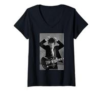 Femme AC DC Rock Icon Pose de Guitare Noir et Blanc T-Shirt avec Col en V