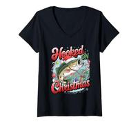 Femme Accroché à Noël, pêche, Vacances, Amusant, Noël, Amateur de Poissons T-Shirt avec Col en V