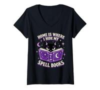 Femme Accueil C'est là Que Je Cache Mes Livres de Sorts Black Cat Witchy Reader T-Shirt avec Col en V