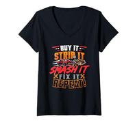 Femme Achetez-Le Strip It Smash It Fix It Repeat Demolition Derby T-Shirt avec Col en V