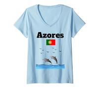 Femme Açores Souvenir Dauphin Amoureux Dauphin regardant Drapeau du Portugal T-Shirt avec Col en V