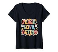 Femme Acteur hippie rétro années 60 70 Peace Love Acting T-Shirt avec Col en V