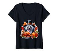 Femme Action de grâces Chinoise propriétaire de Chien à crête Amateur de Dinde drôle T-Shirt avec Col en V