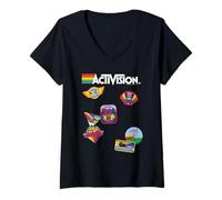 Femme Activision Retro Patches Collage with Logo Video Game T-Shirt avec Col en V