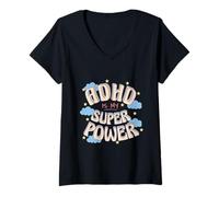 Femme ADHD is My Super, Power Retro Rainbow Cloud Graphic T-Shirt avec Col en V