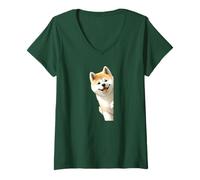 Femme Adorable Akita Inu japonais regardant autour du coin, amoureux des chiens T-Shirt avec Col en V