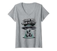 Femme Adorable Alien Show Me Your Kitties pour Amoureux des Chats T-Shirt avec Col en V