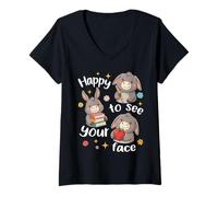 Femme Adorable âne pour Les étudiants de Retour à l'école Heureux de Voir Votre Visage T-Shirt avec Col en V