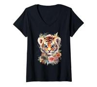 Femme Adorable Aquarelle bébé Tigre Visage Floral Jungle Art T-Shirt avec Col en V