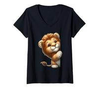 Femme Adorable bébé Lion Qui Regarde Un Animal de Dessin animé T-Shirt avec Col en V