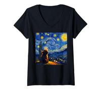 Femme Adorable bébé Vache Highland Graphique Van Gogh Nuit étoilée T-Shirt avec Col en V