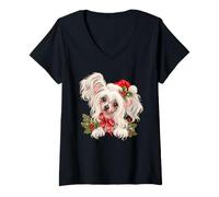 Femme Adorable Bonnet de Père Noël Chinois à crête pour Chien T-Shirt avec Col en V