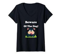 Femme Adorable Bouledogue de Dessin animé « Beware of Dog » T-Shirt avec Col en V