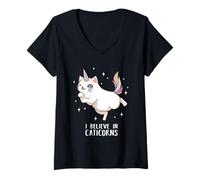 Femme Adorable Cadeau Amusant Arc-en-Ciel Caticorn Fantasy Licorne Chat Maman T-Shirt avec Col en V