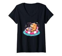 Femme Adorable Capybara sur Le Flotteur de Piscine pour Les Amateurs de thé aux Bulles T-Shirt avec Col en V