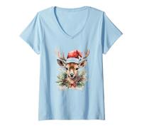 Femme Adorable cerf Portant Un Bonnet de Père Noël Festif T-Shirt avec Col en V