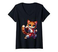 Femme Adorable Champion d'arts Martiaux de karaté Chat T-Shirt avec Col en V