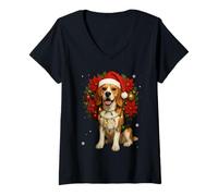 Femme Adorable Chapeau de Père Noël Beagle Couronne de gui Chien de Noël T-Shirt avec Col en V