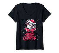 Femme Adorable Chapeau de Père Noël Licorne pour fête de Noël T-Shirt avec Col en V
