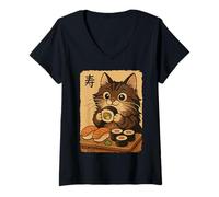 Femme Adorable Chat Japonais Mangeant des sushis T-Shirt avec Col en V