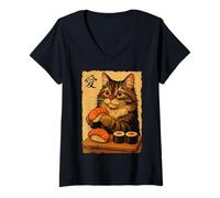 Femme Adorable Chat Japonais Mangeant des sushis T-Shirt avec Col en V