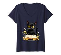 Femme Adorable Chat Noir Amateur de Livre Enchanted Halloween Vibes T-Shirt avec Col en V