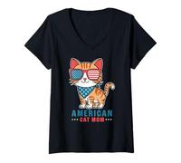 Femme Adorable chat patriotique drapeau américain chat maman 4 juillet T-Shirt avec Col en V