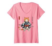 Femme Adorable Chat Roux Rouge comme samouraï - Style Art Japonais Vintage T-Shirt avec Col en V, Rose, XXL