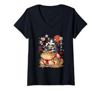 Femme Adorable Chat samouraï Mangeant des Ramen sur Une Grenouille géante Anime Japonais T-Shirt avec Col en V