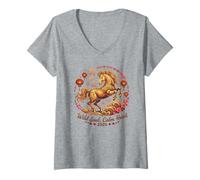 Femme Adorable Cheval 2026 âme Sauvage Calme cœur Puissance du Zodiaque T-Shirt avec Col en V