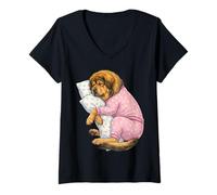 Femme Adorable Chien Dogue tibétain endormi en Pyjama Art du Coucher T-Shirt avec Col en V