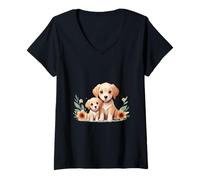 Femme Adorable Chiot avec Illustration Florale Duo T-Shirt avec Col en V