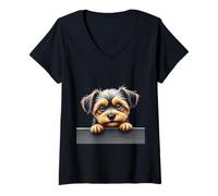 Femme Adorable Chiot Yorkshire Terrier Qui Regarde au-Dessus d'une Table T-Shirt avec Col en V