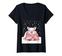 Femme Adorable Cochon de Noël enveloppé dans Une Couverture pour Amoureux des Animaux T-Shirt avec Col en V