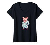 Femme Adorable cochon en pyjama pour une ambiance confortable et endormie T-Shirt avec Col en V