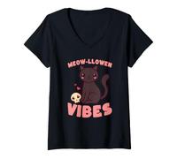 Femme Adorable crâne de Chat Miaou-lloween Vibrations effrayantes T-Shirt avec Col en V