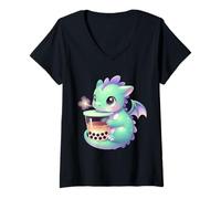 Femme Adorable Dragon Kawaii Buvant du thé aux Perles Boba Lover T-Shirt avec Col en V