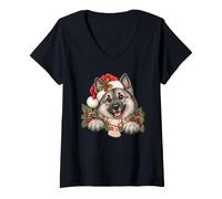 Femme Adorable écharpe de Noël Keeshond avec Bonnet de Père Noël T-Shirt avec Col en V