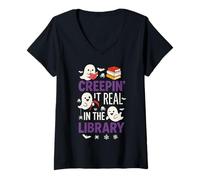 Femme Adorable fantôme lisant Creepin It Real in The Library Halloween T-Shirt avec Col en V