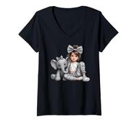 Femme Adorable Fille avec Copain éléphant Gris aztèque Safari T-Shirt avec Col en V