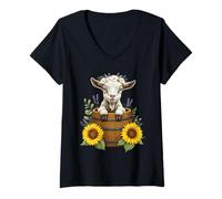 Femme Adorable Goat in Barrel with Sunflowers and Lavender T-Shirt avec Col en V
