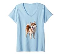 Femme Adorable Illustration de Chien Akita pour Les Fans de Chiens T-Shirt avec Col en V